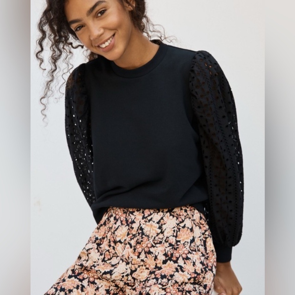 Anthropologie Black Eyelet Sleeve Sweatshirt